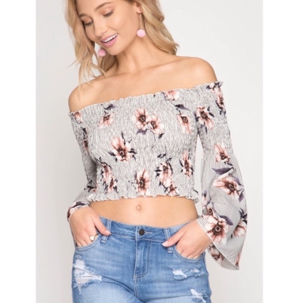 Floral Print Off Shoulder Bell Sleeve Smocked Top